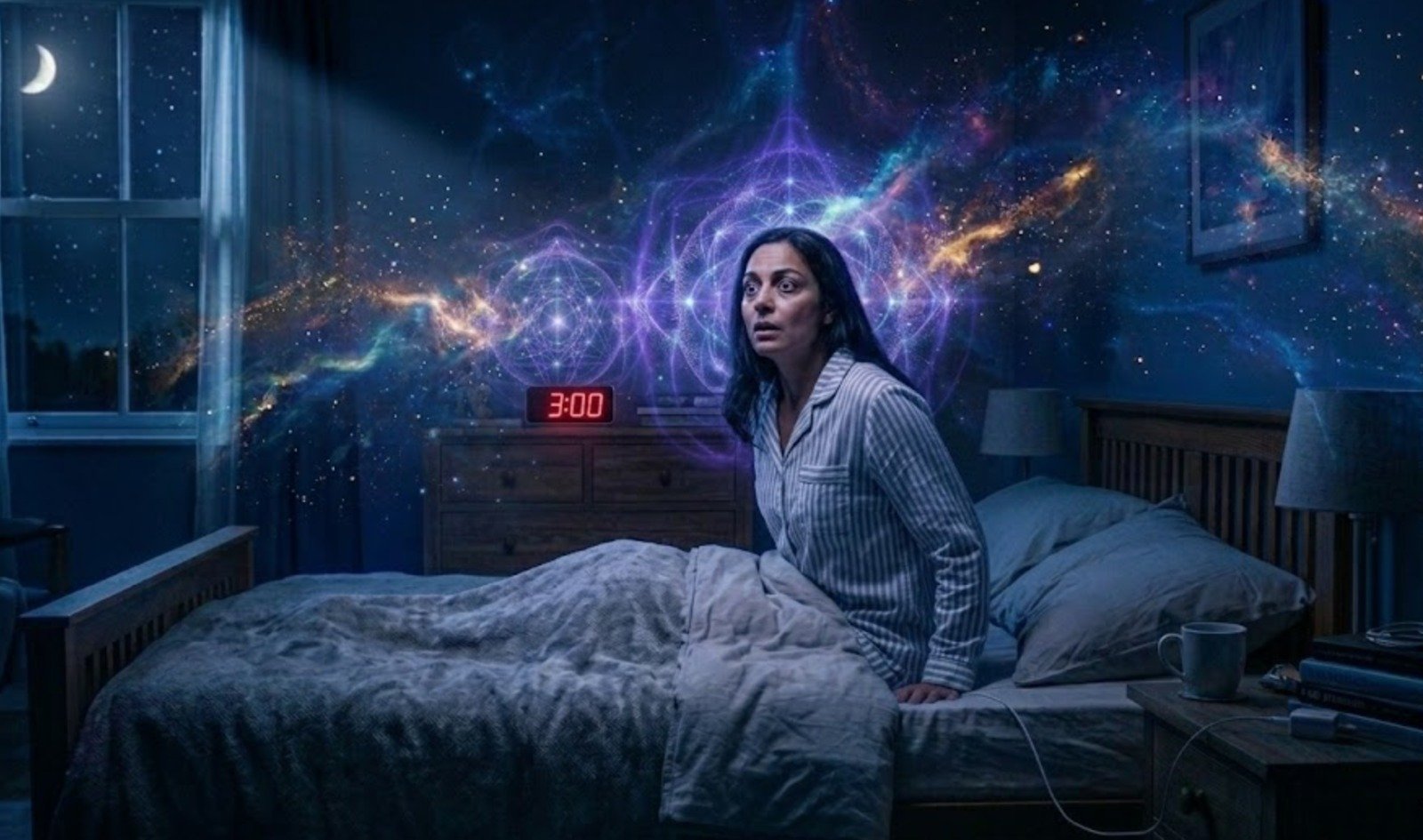 A dark bedroom at night with light falling across an open Bible