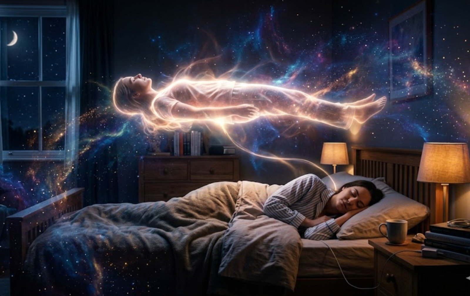 A figure appearing to float above a sleeping body, the image Monroe used to describe his first episodes